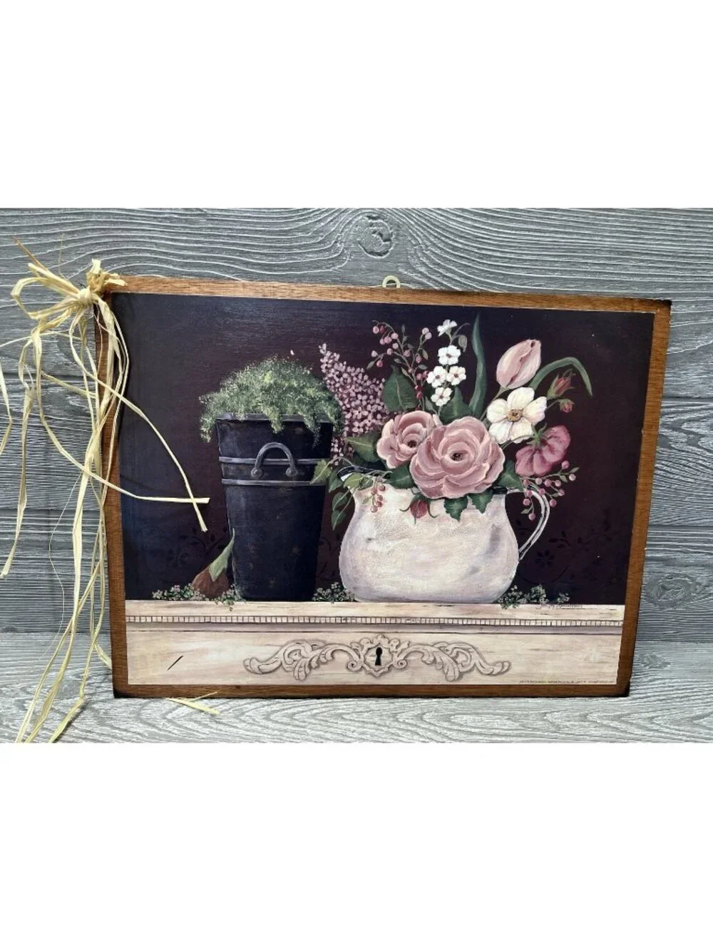 Painted Flowers on Wooden Board Signed Jo Moulton Floral Decor Wall Hanging